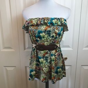 Derek Heart Floral Strapless Belted Ruffle Top NWT